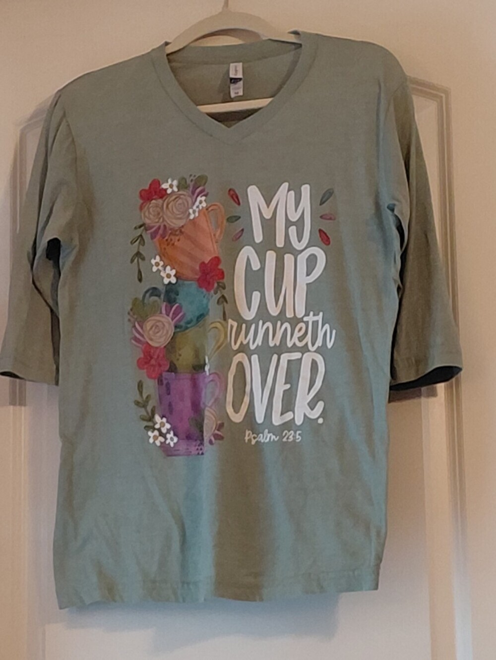 Sage green V-neck graphic tee Psalms